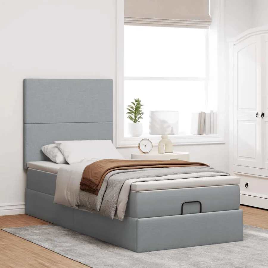 Lit ottoman avec matelas gris clair 100x200 cm tissu - 3