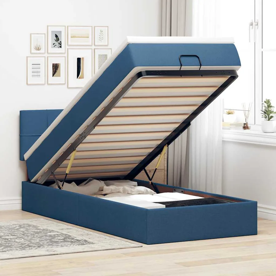 Lit ottoman avec matelas bleu 90x200 cm tissu