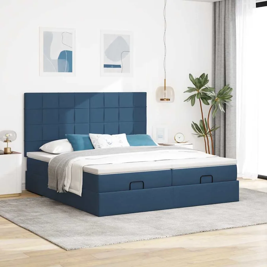 Cadre de lit ottoman avec matelas bleu 180x200 cm tissu - 3