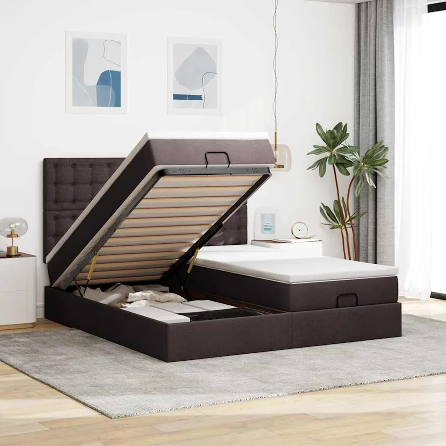 Cadre de lit ottoman avec matelas marron foncé 180x200 cm tissu