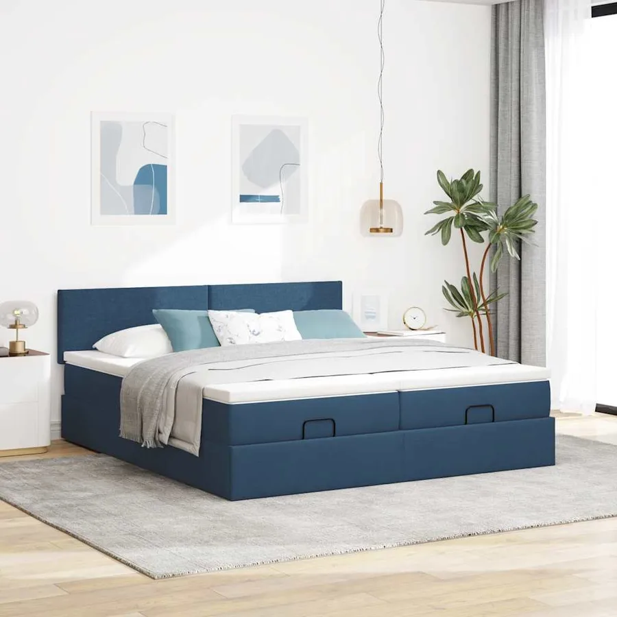 Cadre de lit ottoman avec matelas bleu 180x200 cm tissu - 4