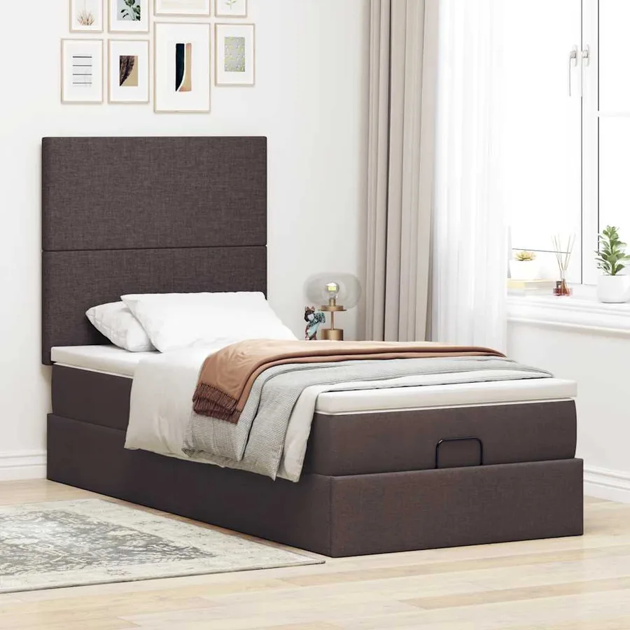 Lit ottoman avec matelas marron foncé 90x200 cm tissu - 3