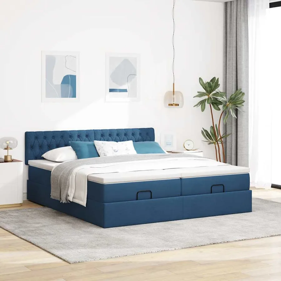 Cadre de lit ottoman avec matelas bleu 180x200 cm tissu - 3