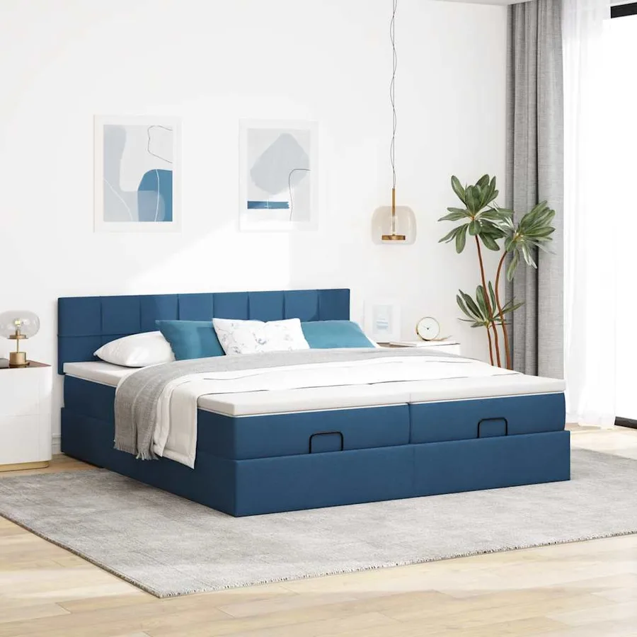 Cadre de lit ottoman avec matelas bleu 180x200 cm tissu - 4