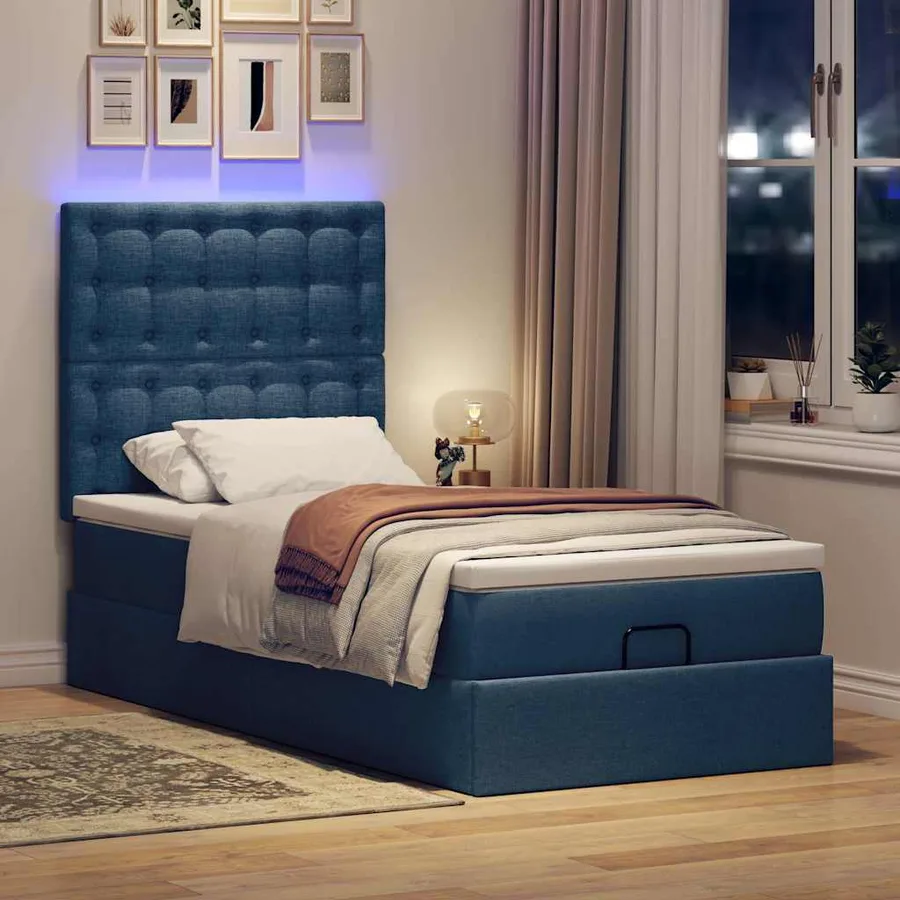 Lit ottoman avec matelas et LED Bleu 90x200 cm Tissu - 3