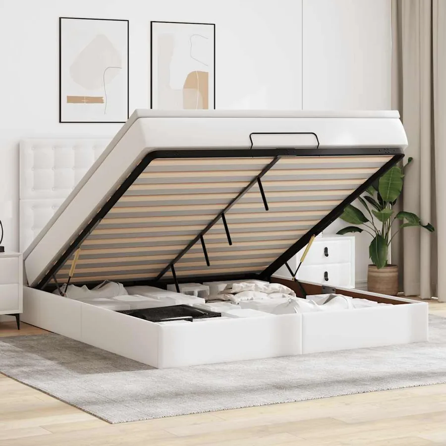 Cadre de lit ottoman avec matelas blanc 160x200 cm similicuir