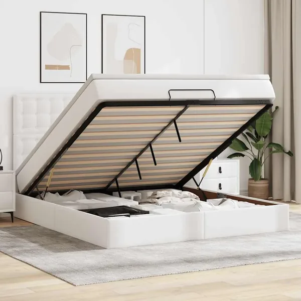 Cadre de lit ottoman avec matelas blanc 160x200 cm similicuir