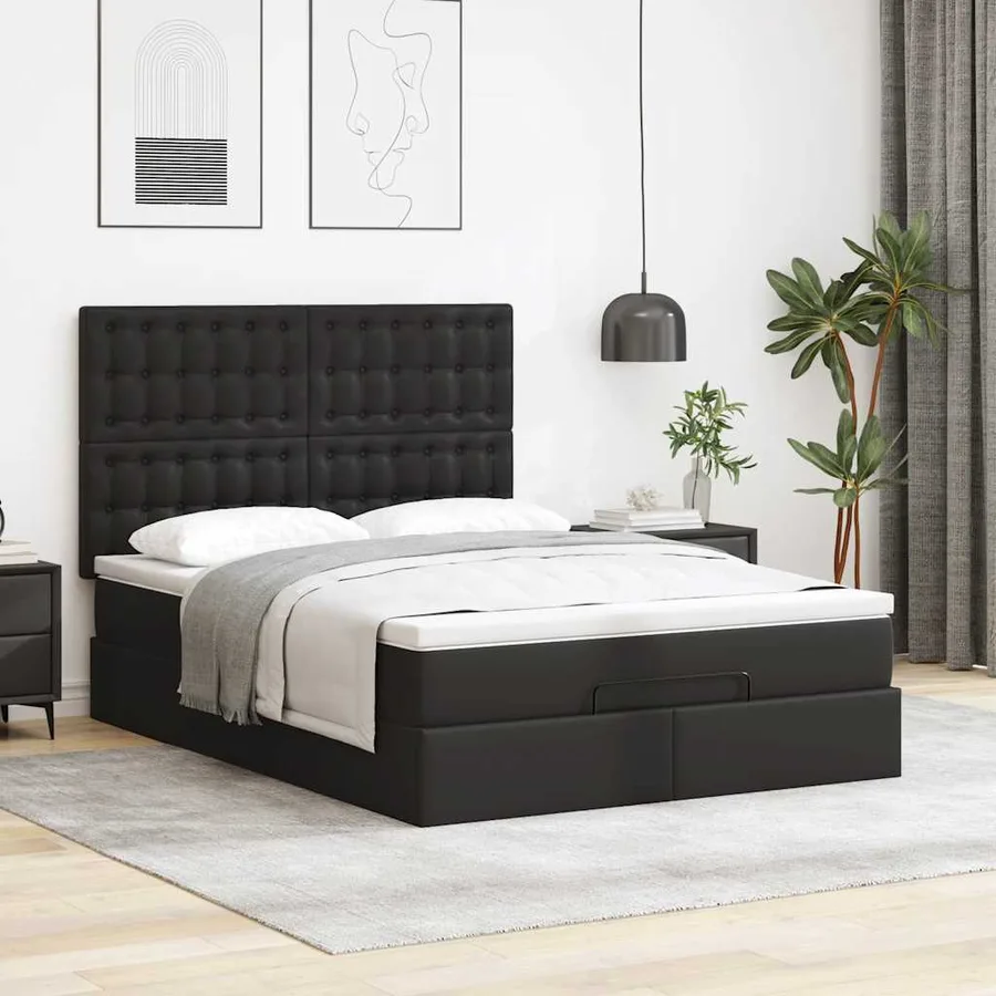 Cadre de lit ottoman avec matelas noir 140x200 cm similicuir - 3