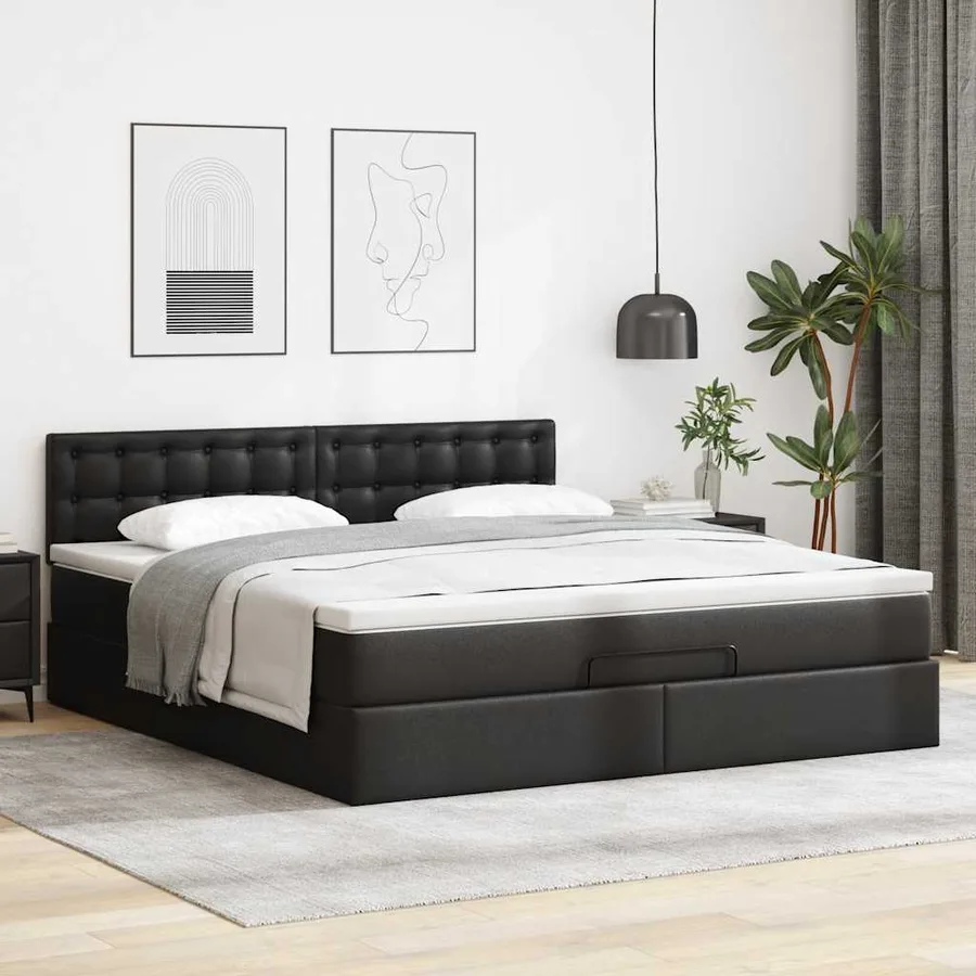 Cadre de lit ottoman avec matelas noir 160x200 cm similicuir - 3