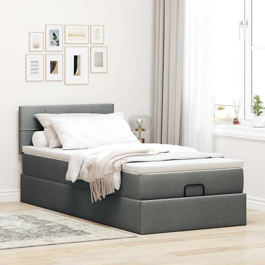 Lit ottoman avec matelas gris foncé 90x200 cm tissu - 3