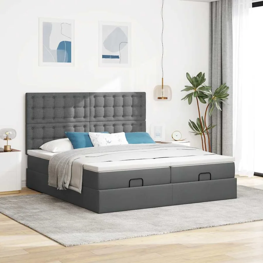 Cadre de lit ottoman avec matelas gris foncé 180x200cm tissu - 3