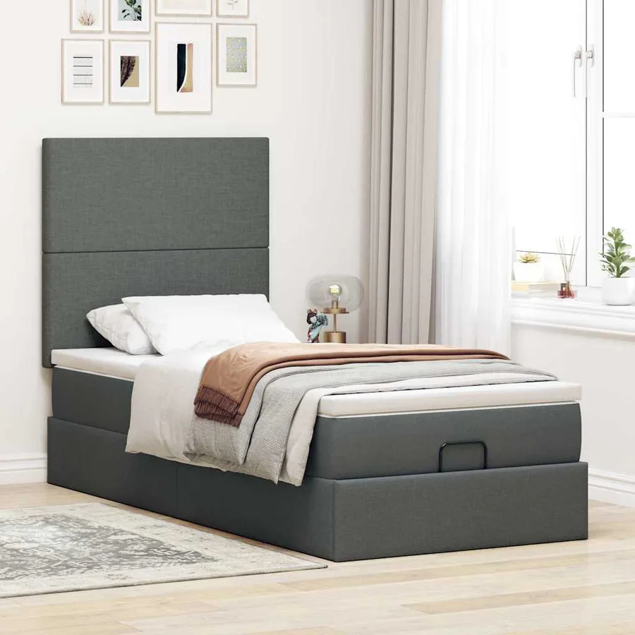 Lit ottoman avec matelas gris foncé 90x200 cm tissu - 3