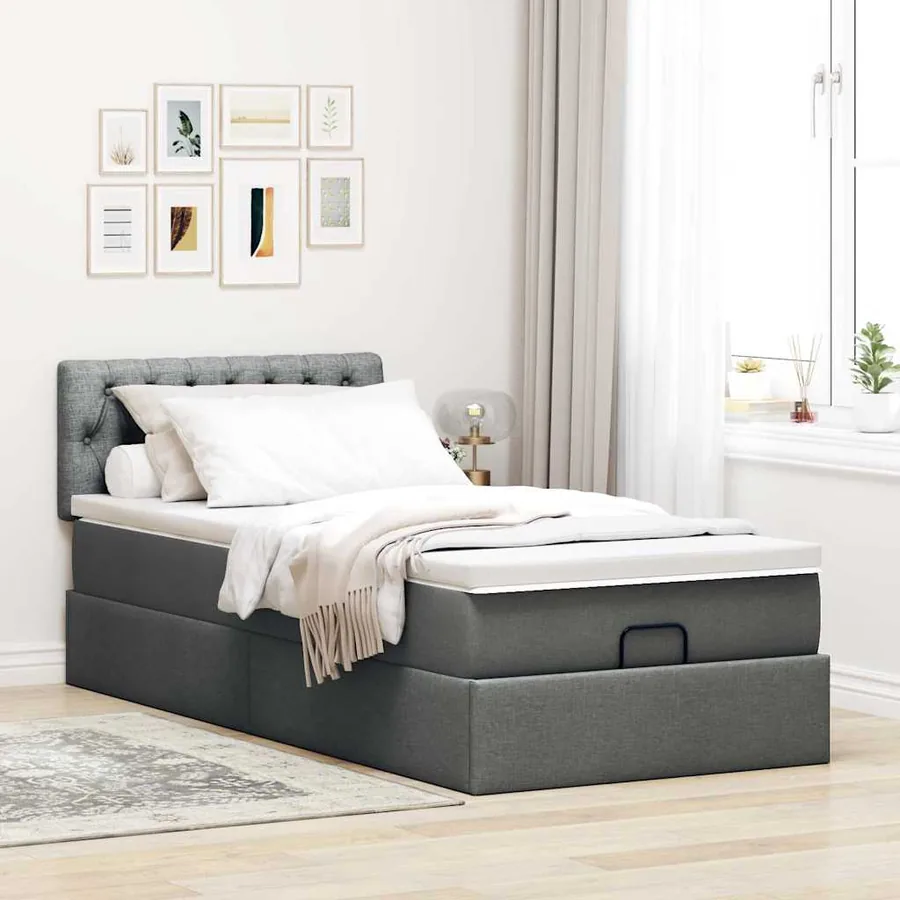 Lit ottoman avec matelas gris foncé 90x200 cm tissu - 3