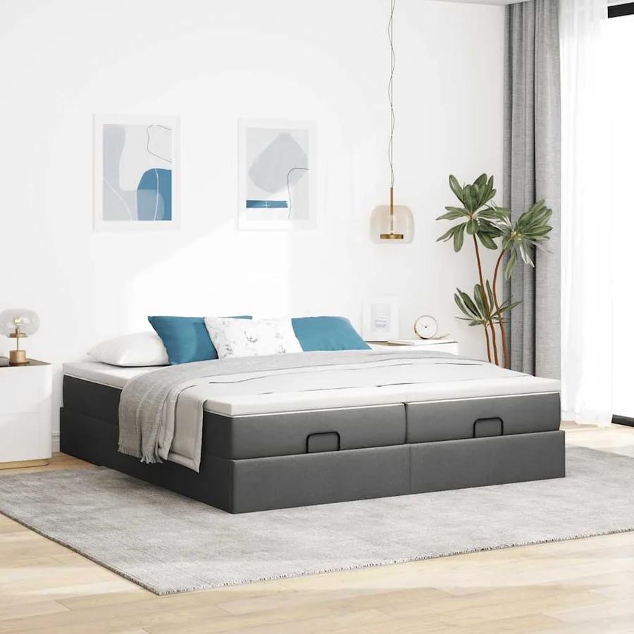 Cadre de lit ottoman avec matelas gris foncé 180x200cm tissu - 3
