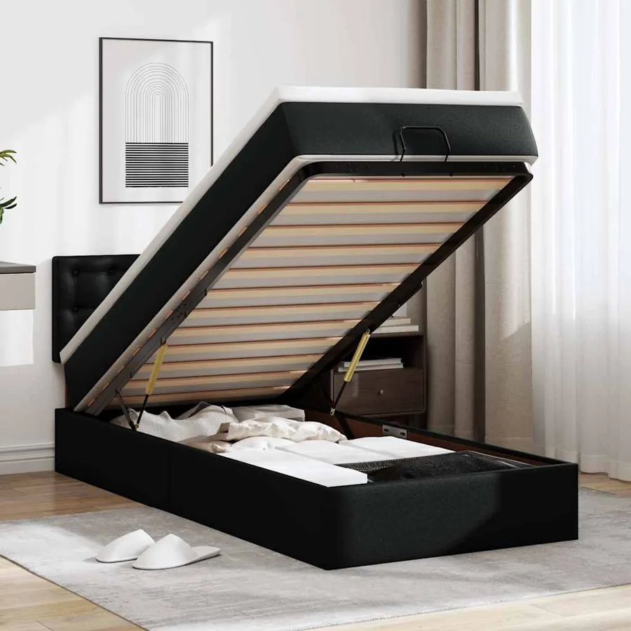 Cadre de lit ottoman avec matelas noir 90x200 cm similicuir