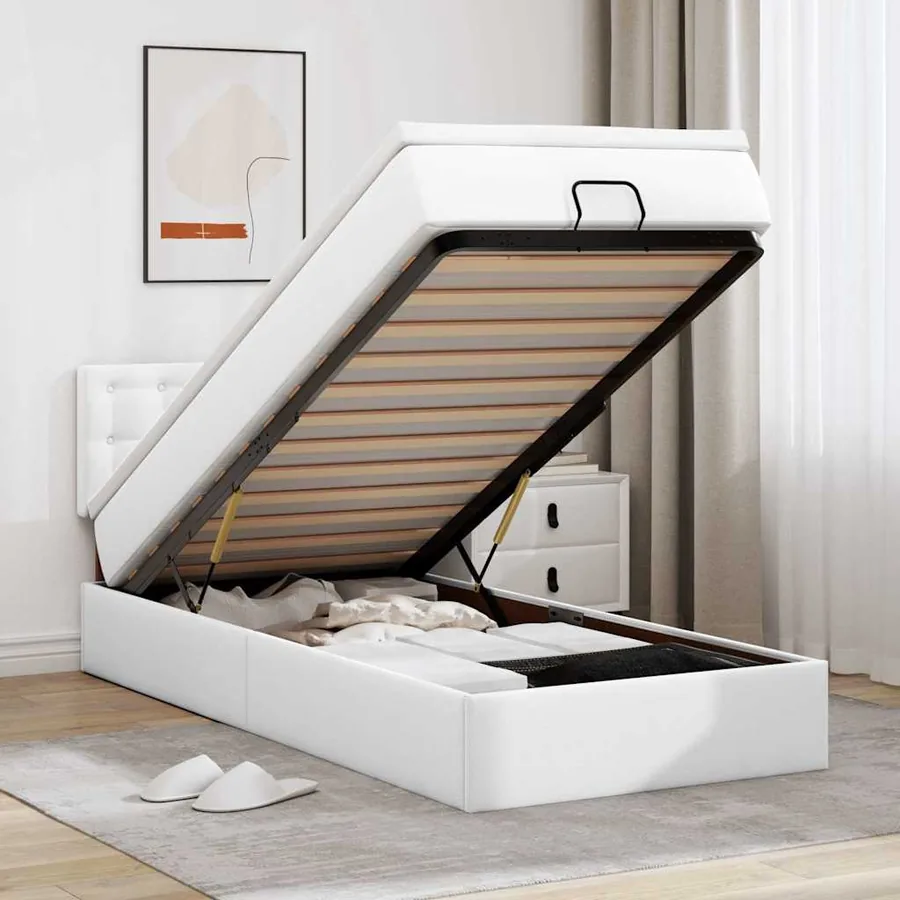 Lit ottoman avec matelas blanc 100x200 cm similicuir