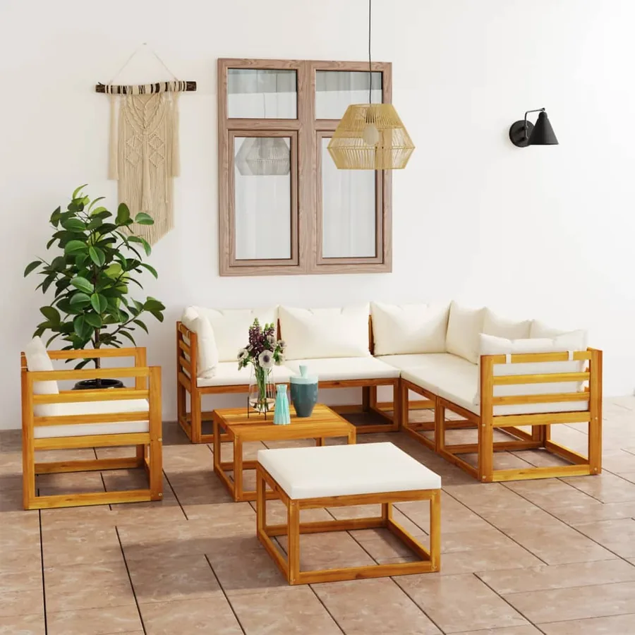 Salon de jardin 8 pcs avec coussin Crème Bois d'acacia solide