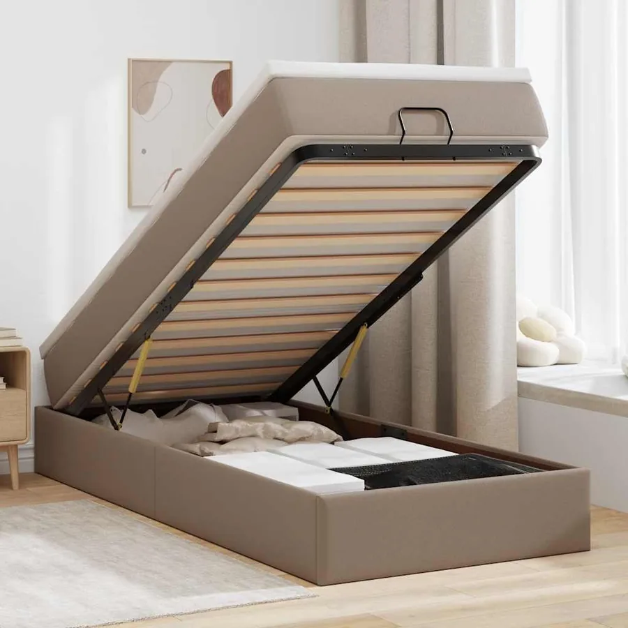 Cadre de lit ottoman et matelas cappuccino 90x190 cm similicuir
