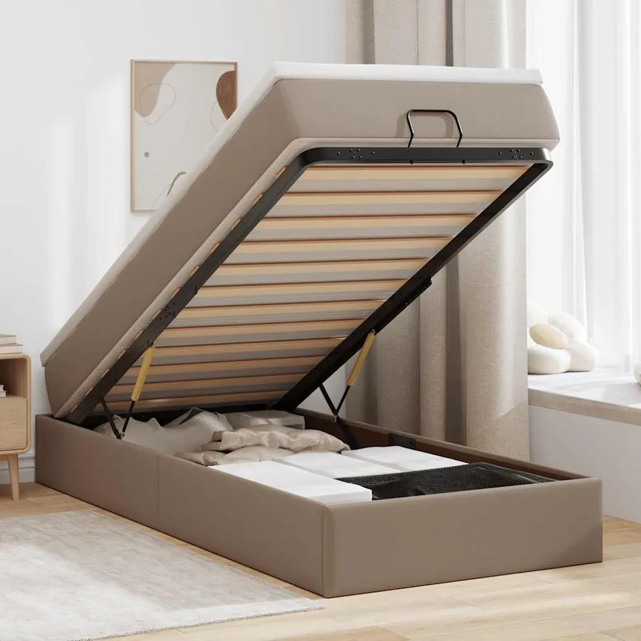 Cadre de lit ottoman et matelas cappuccino 90x200 cm similicuir