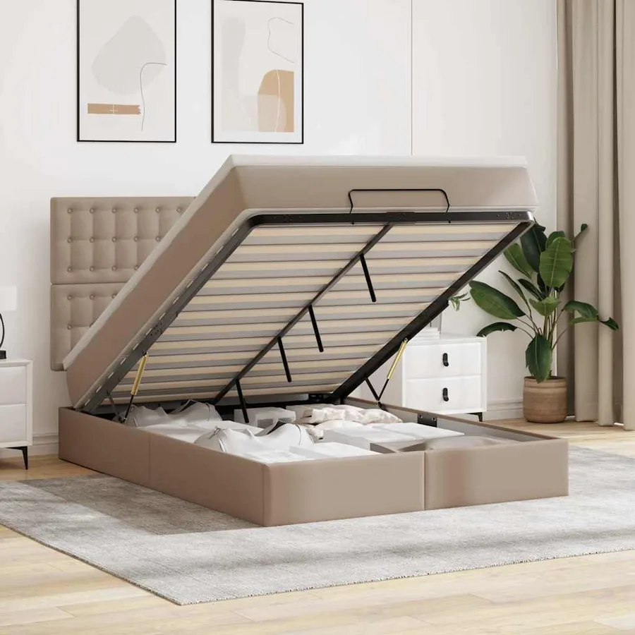 Cadre de lit ottoman et matelas cappuccino 140x200cm similicuir