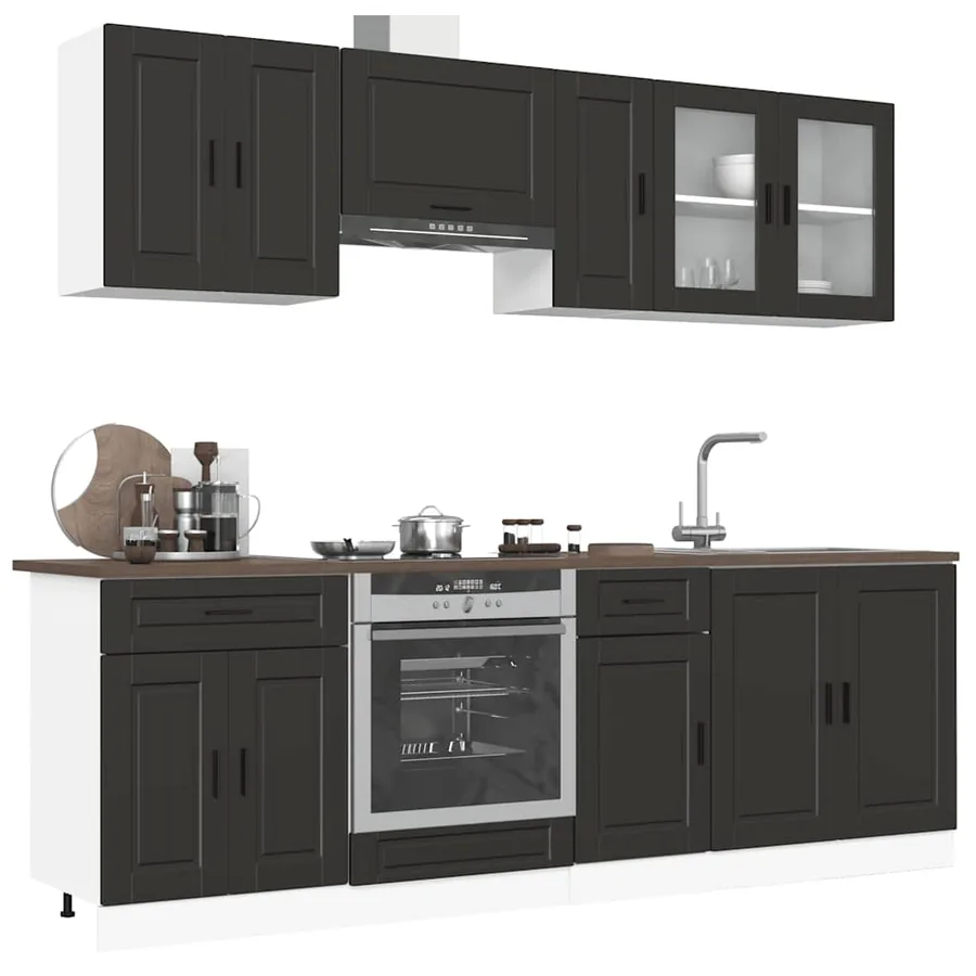 Ensemble de 8 meubles de cuisine "Porto" en bois d'ingénierie noir