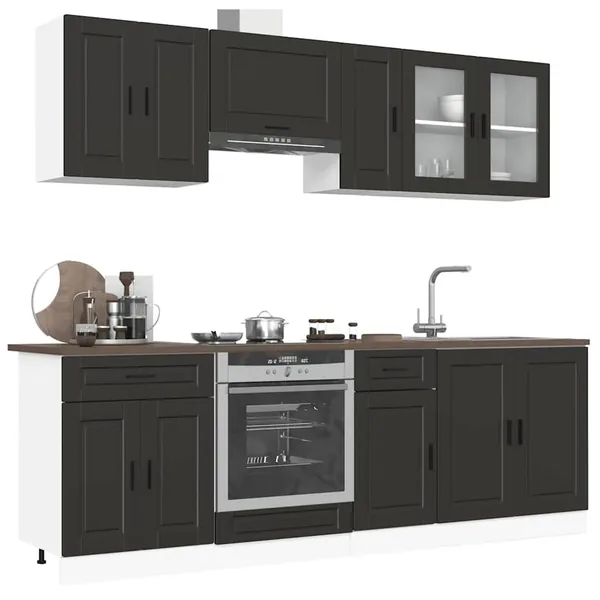 Ensemble de 8 meubles de cuisine "Porto" en bois d'ingénierie noir