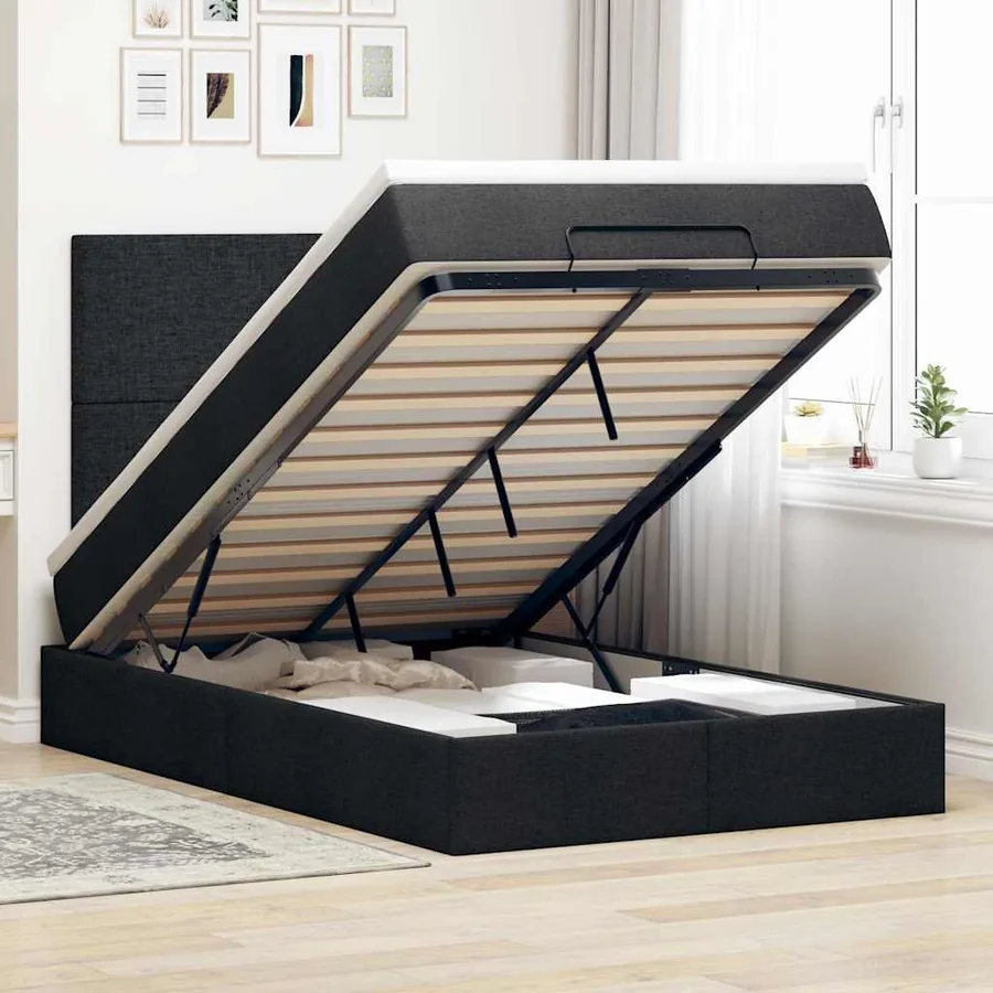 Cadre de lit ottoman avec matelas noir 120x200cm tissu