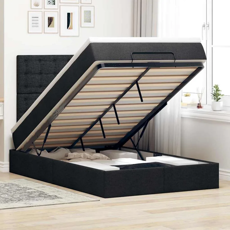 Cadre de lit ottoman avec matelas noir 120x200cm tissu