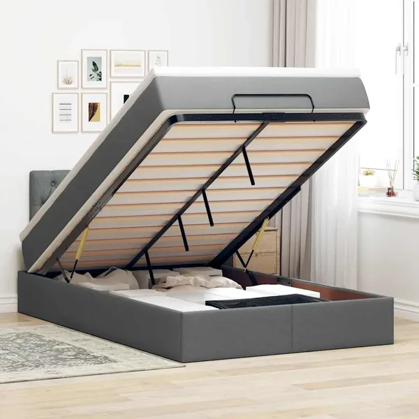Lit ottoman avec matelas gris foncé 120x200 cm tissu