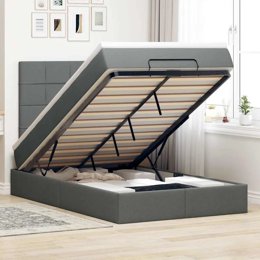 Cadre de lit ottoman avec matelas gris foncé 120x200cm tissu