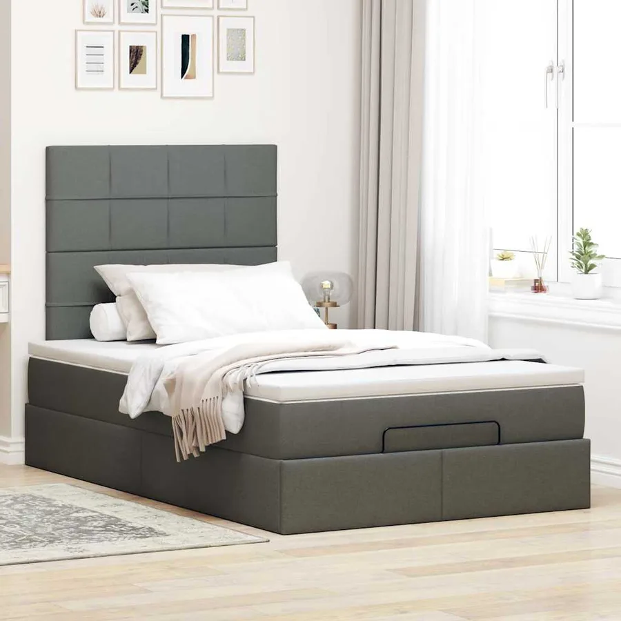 Cadre de lit ottoman avec matelas gris foncé 120x200cm tissu - 4