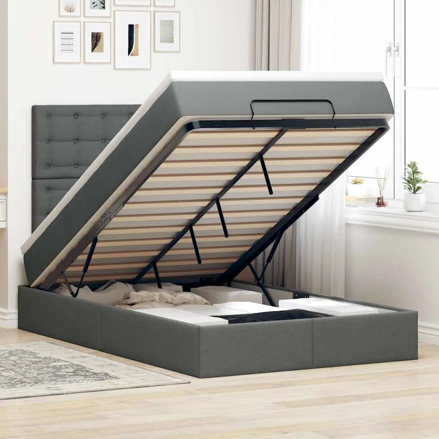 Cadre de lit ottoman avec matelas gris foncé 120x200cm tissu