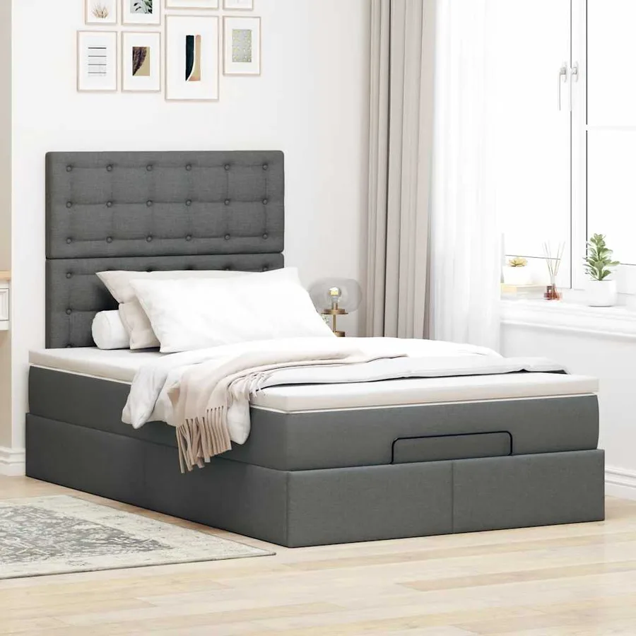 Cadre de lit ottoman avec matelas gris foncé 120x200cm tissu - 3