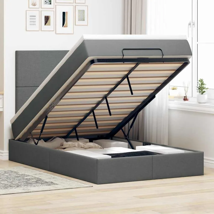 Cadre de lit ottoman avec matelas gris foncé 120x200cm tissu