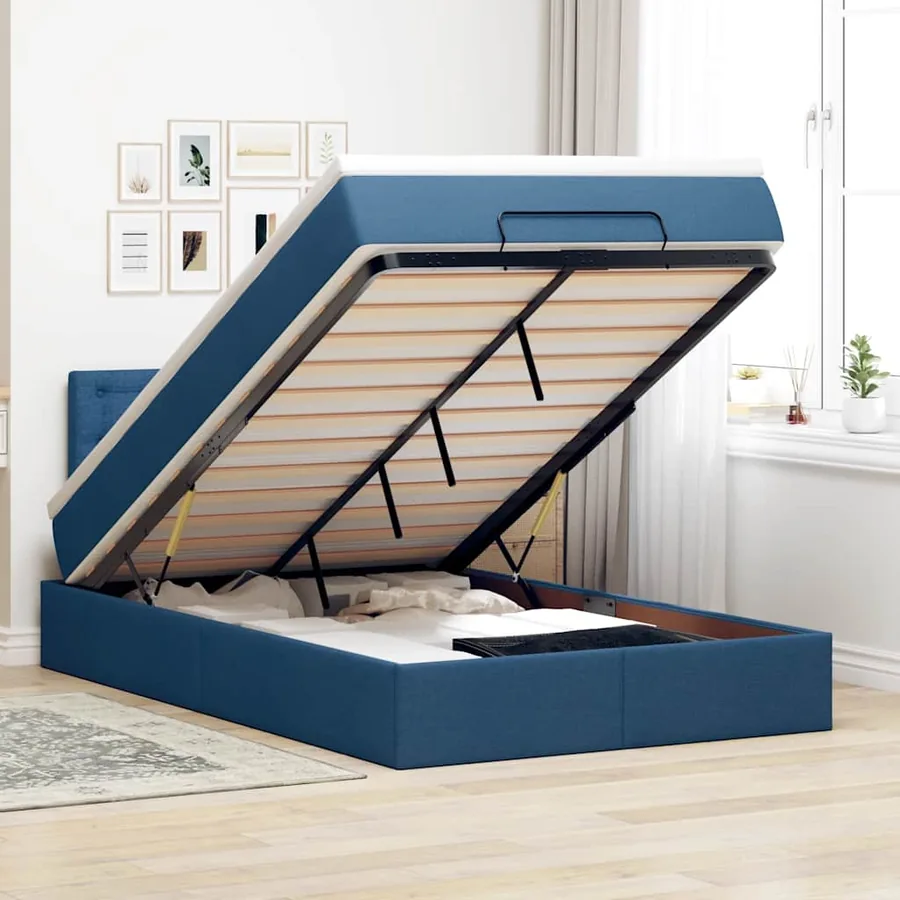 Lit ottoman avec matelas bleu 120x200 cm tissu