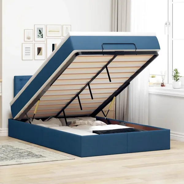 Lit ottoman avec matelas bleu 120x200 cm tissu