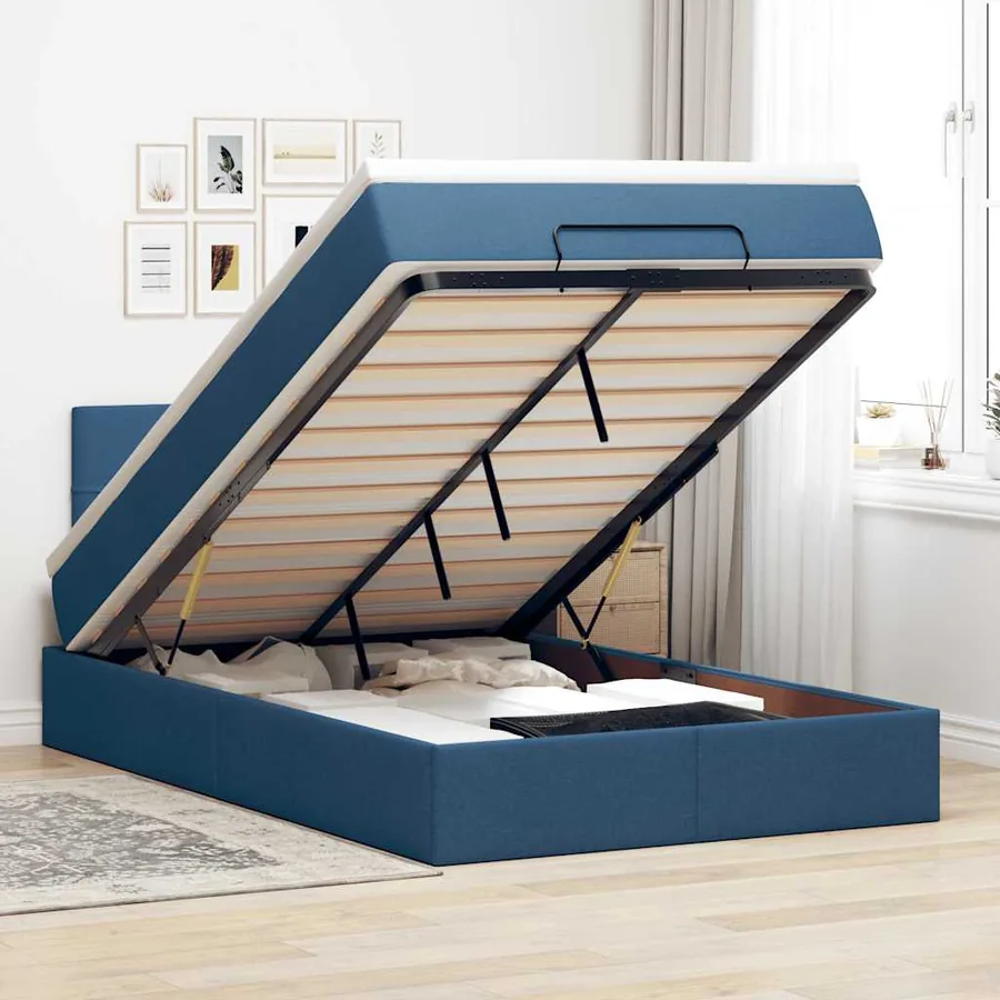 Lit ottoman avec matelas bleu 120x200 cm tissu