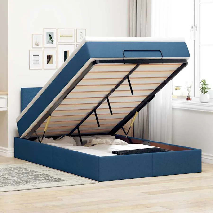 Lit ottoman avec matelas bleu 120x200 cm tissu