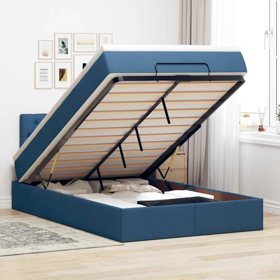 Lit ottoman avec matelas bleu 120x200 cm tissu
