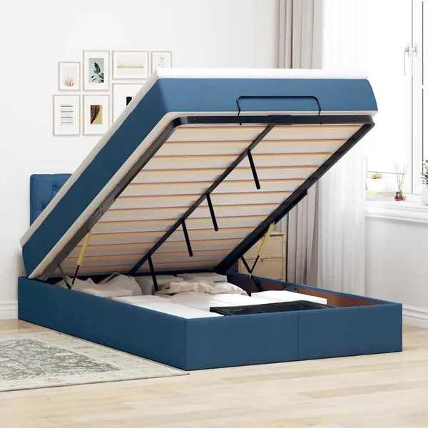 Lit ottoman avec matelas bleu 120x200 cm tissu