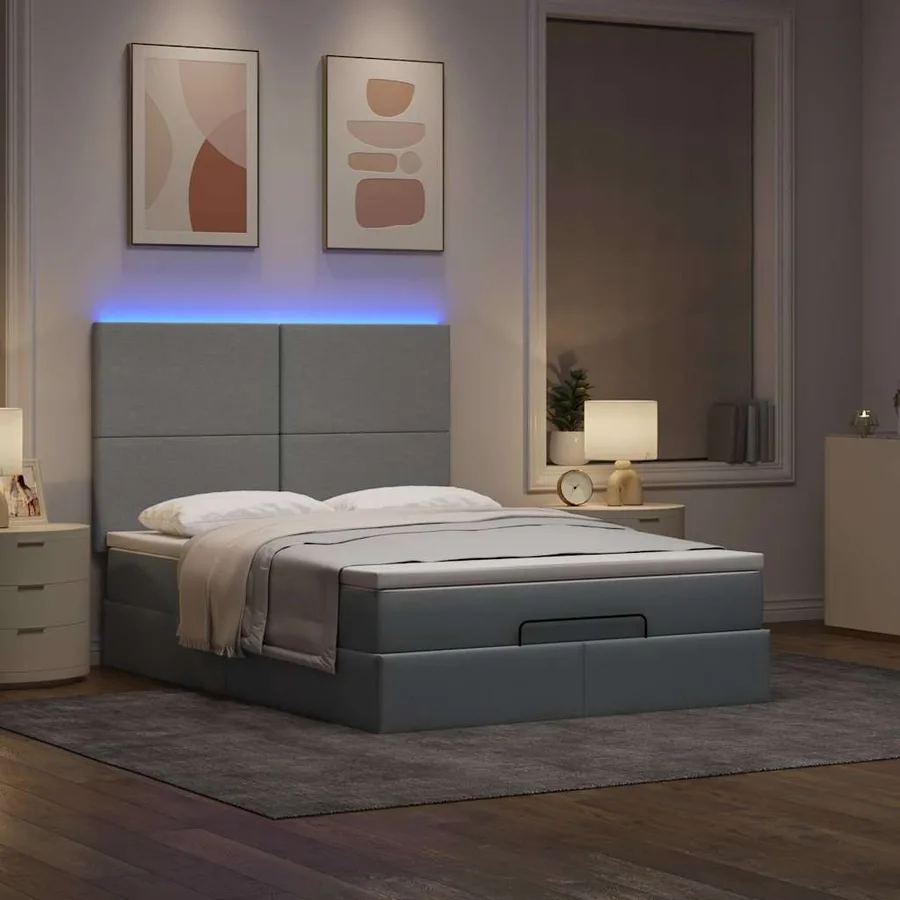 Cadre de lit ottoman et matelas gris clair 140x190 cm tissu - 3