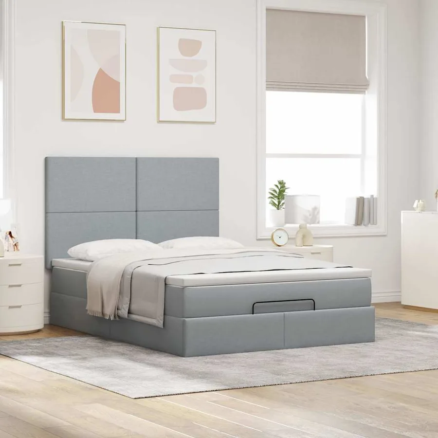 Cadre de lit ottoman et matelas gris clair 140x190 cm tissu - 4