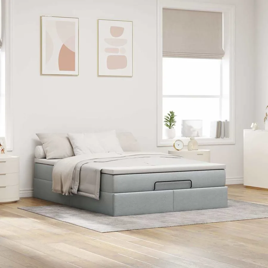 Cadre de lit ottoman et matelas gris clair 140x190 cm tissu - 3