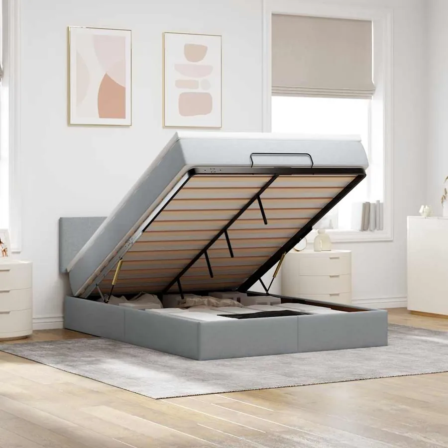Lit ottoman avec matelas et LED gris clair 140x190 cm tissu