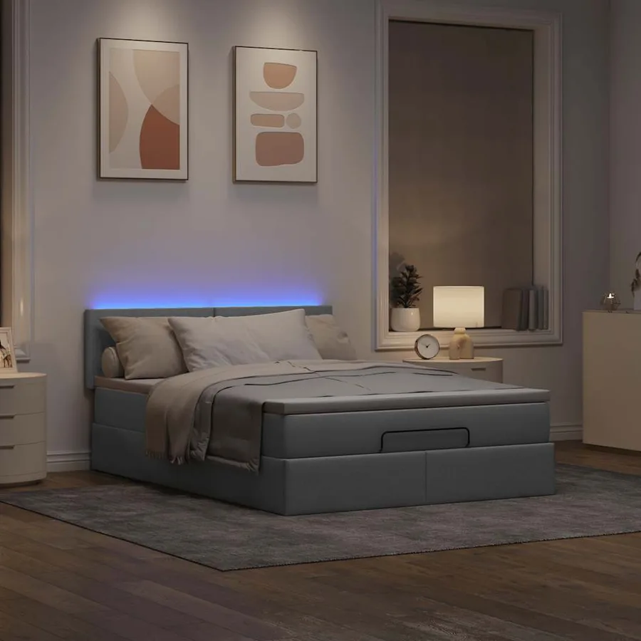 Lit ottoman avec matelas et LED gris clair 140x190 cm tissu - 3