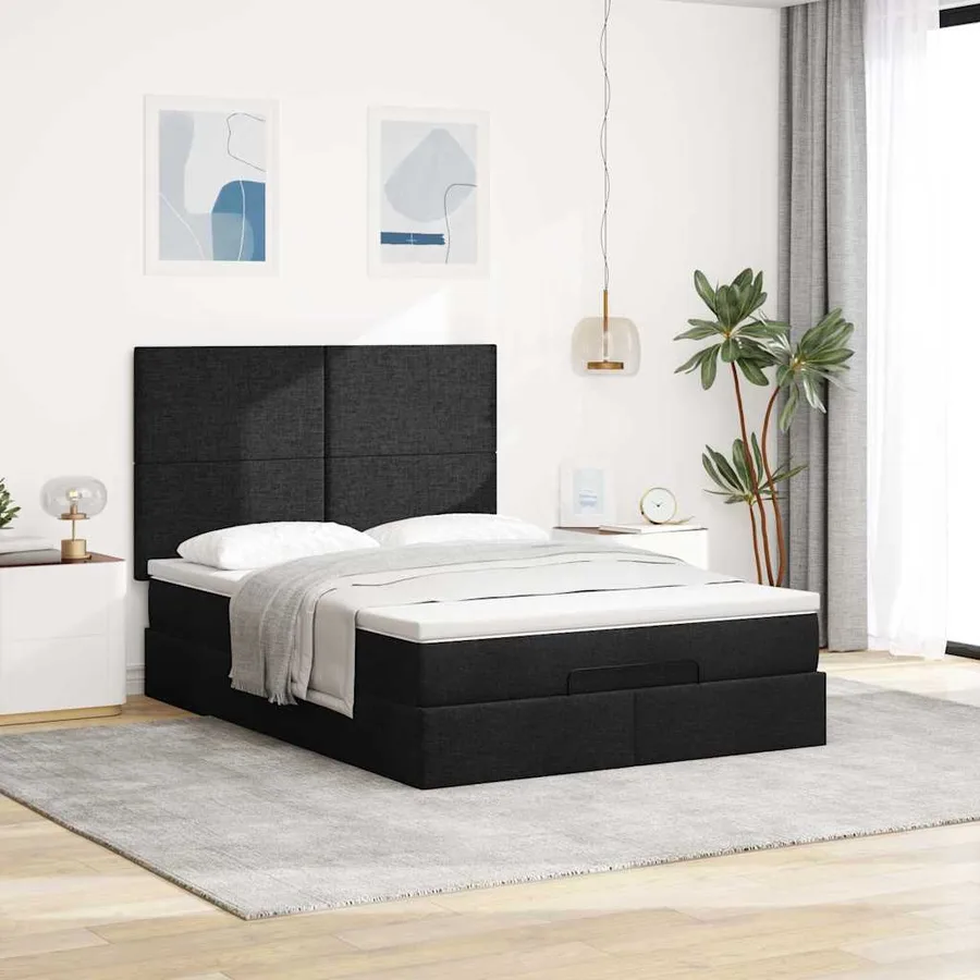 Cadre de lit ottoman avec matelas noir 140x190 cm tissu - 4