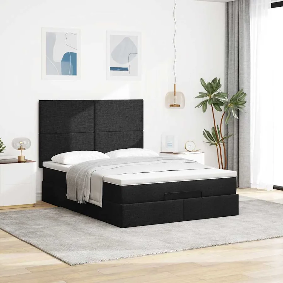 Cadre de lit ottoman avec matelas noir 140x190 cm tissu - 3