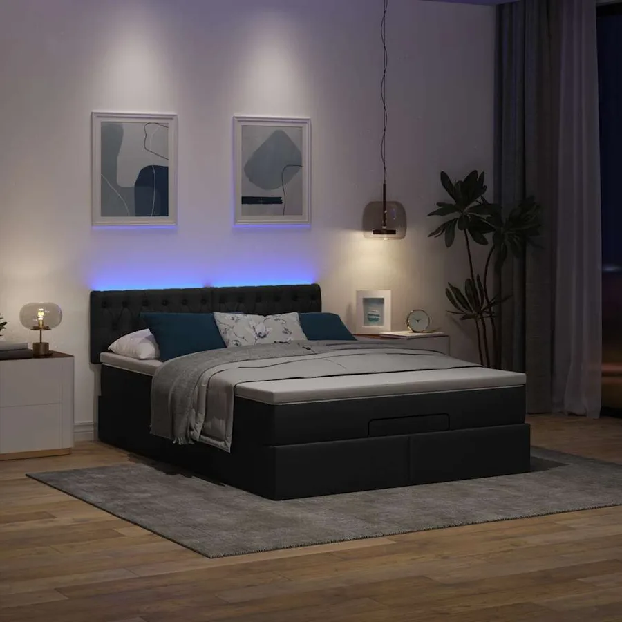 Lit ottoman avec matelas et LED noir 140x190 cm tissu - 3
