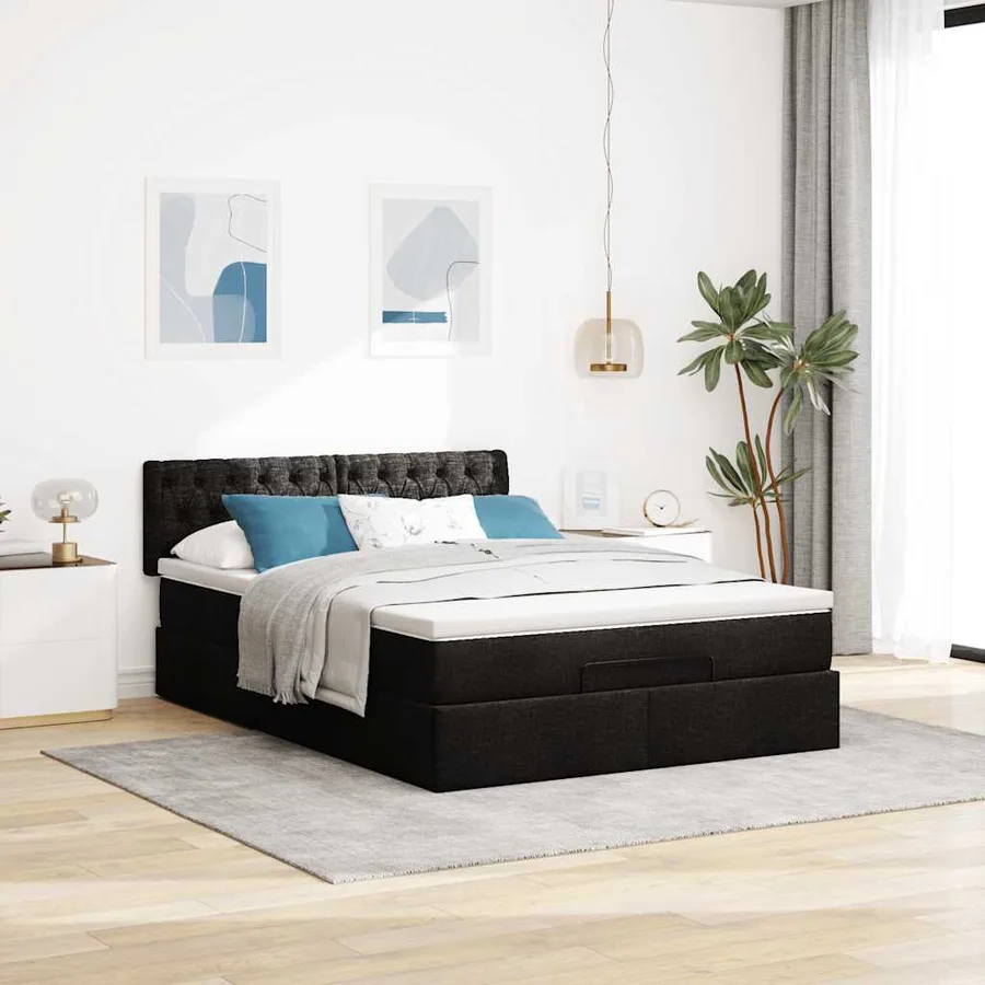 Lit ottoman avec matelas et LED noir 140x190 cm tissu - 4