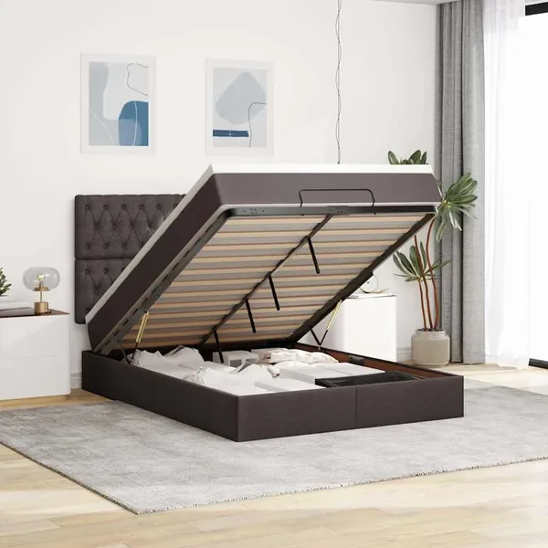 Cadre de lit ottoman avec matelas marron foncé 140x190 cm tissu